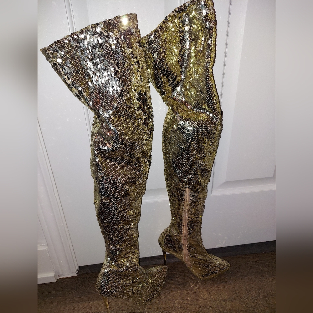 Women's gold sequence thigh high, side zip boots